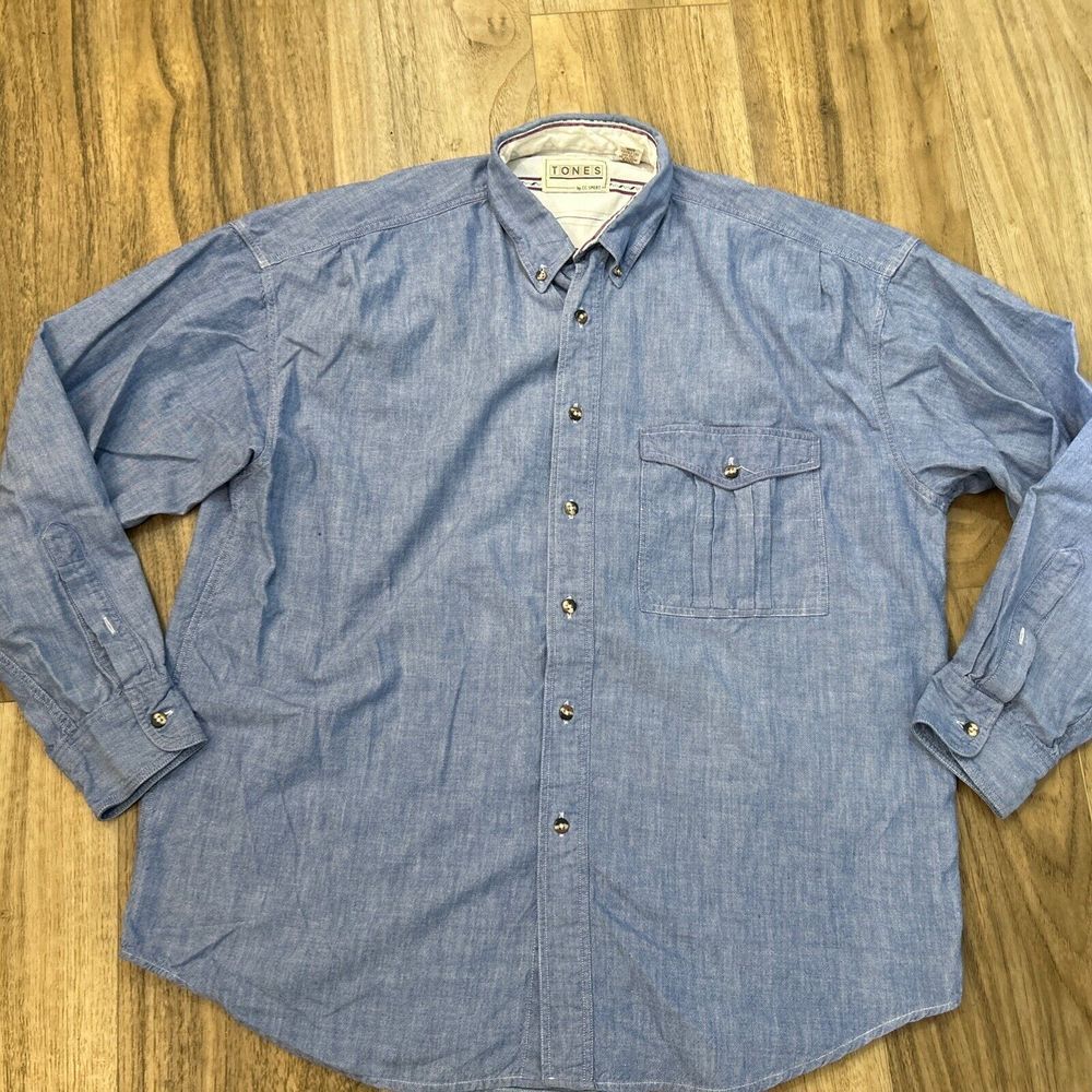 Vintage Jean Shirt 90's Denim Button Up Men's‎ Large Tones By CC Sport